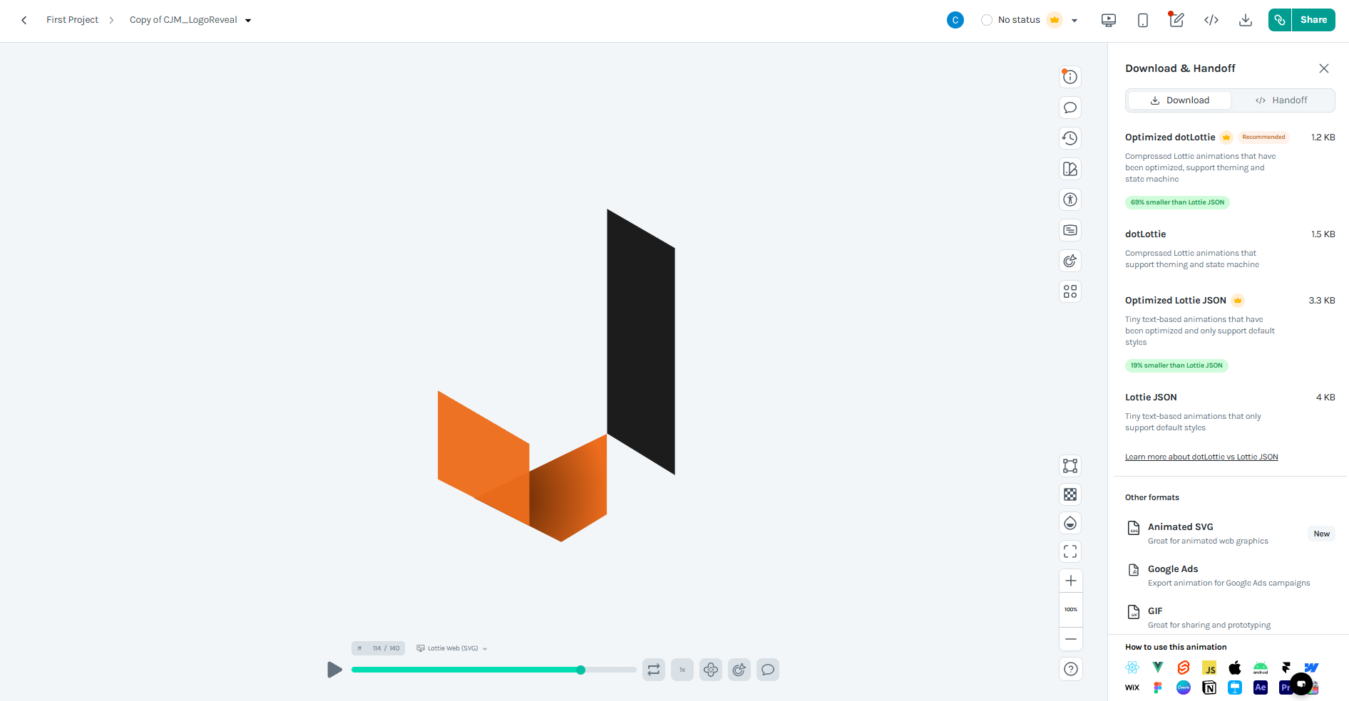 LottieFiles Editor Interface mit dem animierten CJ Media Logo und Download-Panel